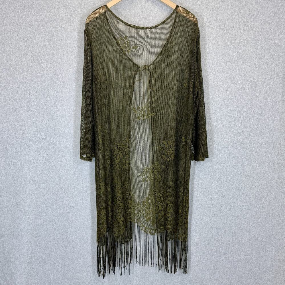 Boho Olive Green Open Knit Fringe Kimono Cardigan Cover Up Duster Crochet Top - Picture 2 of 9